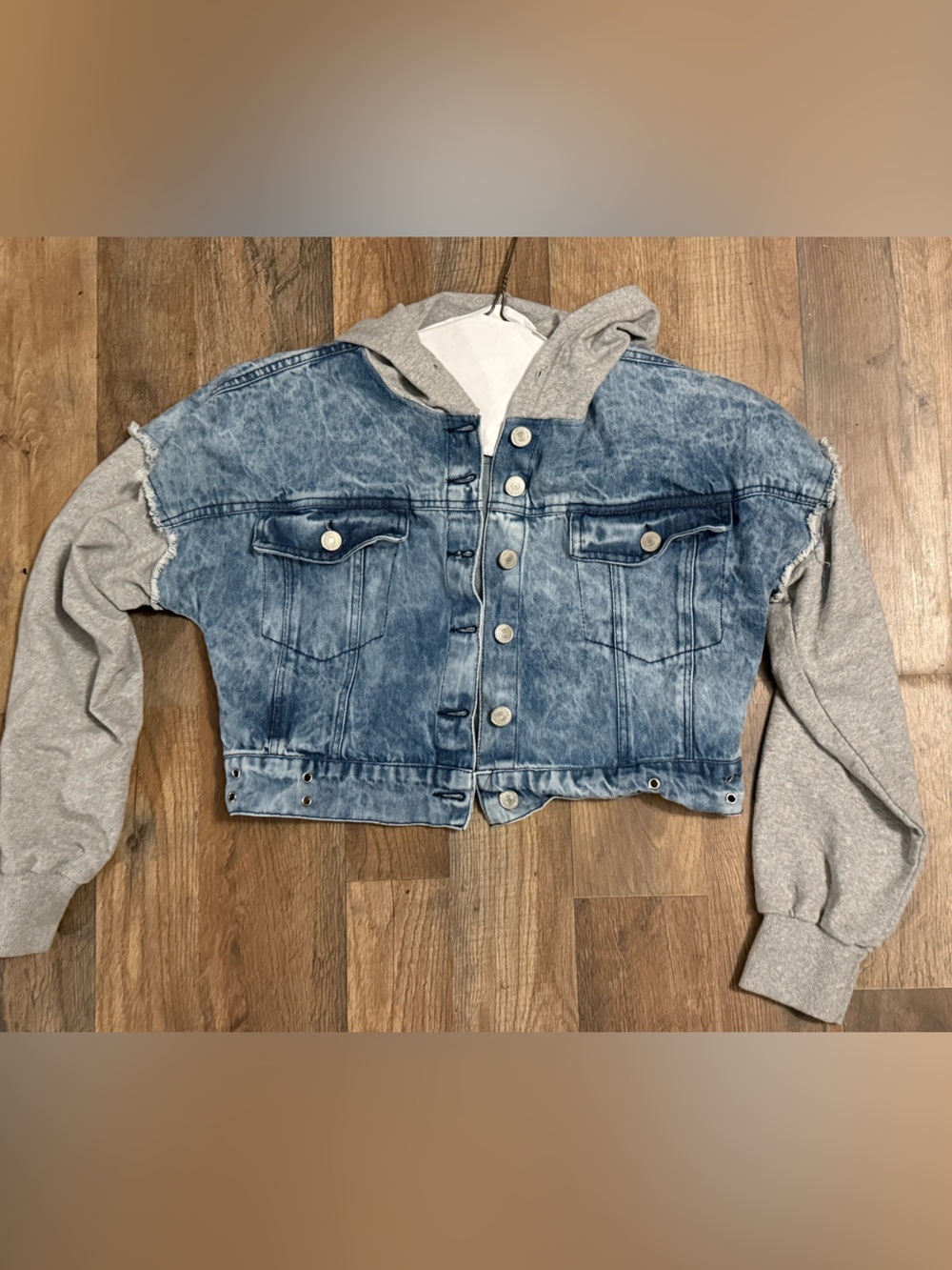 Thrill Jeans Faux Layered Hooded Denim Cropped Jacket Light Wash •Size S•